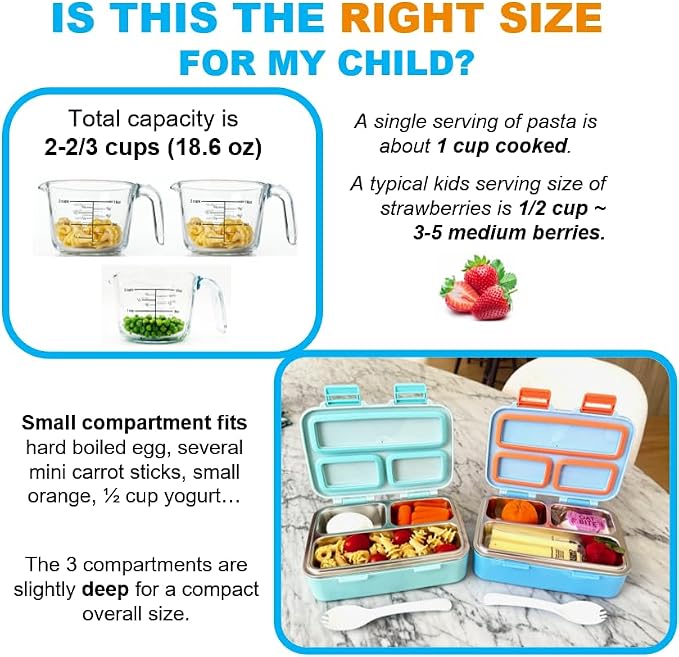 kinsho Small Stainless Steel Bento Box Lunch Container, Baby Toddlers, Blue | Mini Lunchbox, 3 Eco Metal Portion Sections, Leakproof Lid, Spill-Proof, 18 oz/ Boys Kids Snack Container Pre-School Daycare