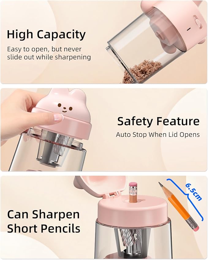 ZMOL Colored Pencil Sharpener for Kids Gift, Rechargeable Electric Pencil Sharpener, Auto Stop, Pencil Sharpeners for Battery Powered Cute No.2/Colored Pencils (6-8mm), Classroom/Office/Home (Pink)