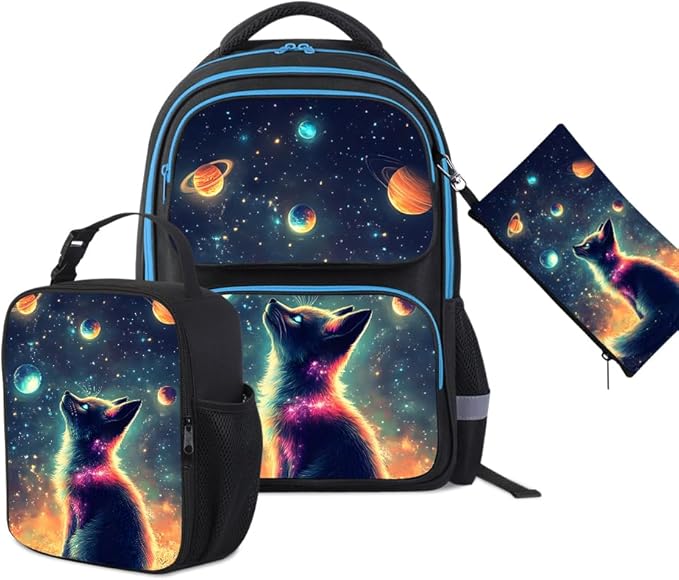 HiMagics Kids Backpack for Boys Girls Preschool Kindergarten Backpacks Lightweight Elementary Middle School Bookbag with Lunch Box Set and Chest Strap (StarCat)