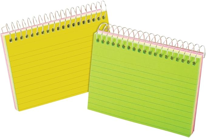 Oxford Spiral Bound Glow Index Cards, 3" x 5", Ruled, Assorted Bright Colors, 50 Cards per Book (40281)