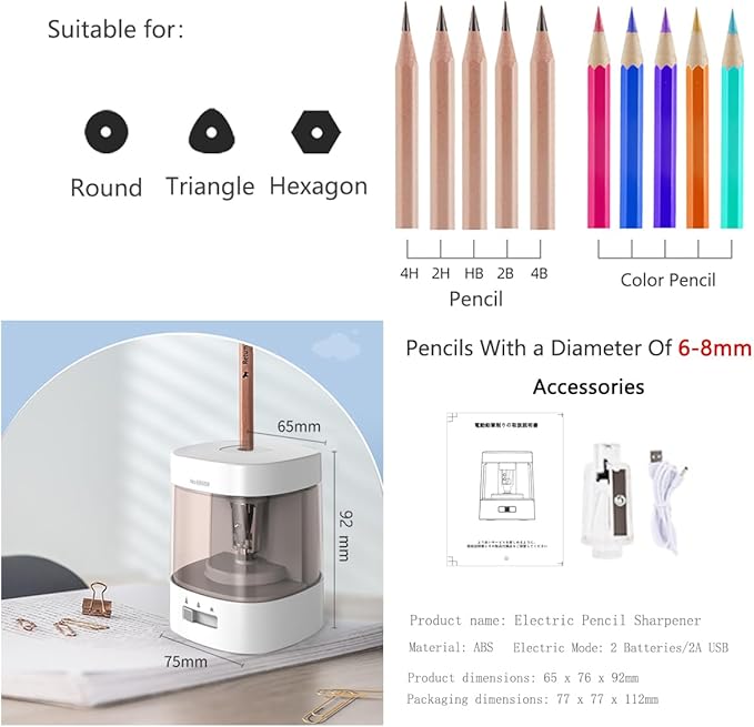 Electric Pencil Sharpener,5000 Times for Blade,Interchangeable Blade,3 Years Warranty,Battery/2A USB Powered,Suitable for 6-8mm,Extra Free Blades, for Home, Office, School (White)