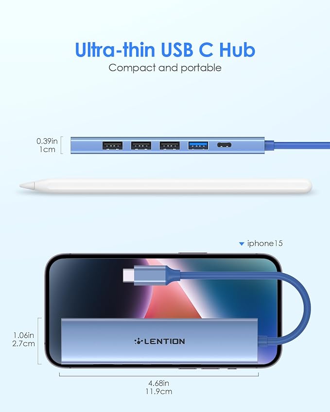 LENTION USB C Hub Multiport Adapter with 100W PD Charging, 4K HDMI, 4 USB-A Data Ports, Type C Hub for 2016-2026 MacBook Pro/Air/Neo, Surface, Chromebook, USB Splitter for iPhone 15-17(CH17, Blue)