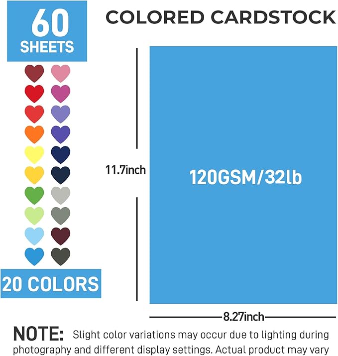 Koogel 60 Sheets Colored Craft Paper, 8.27" x 11.7" (A4 Size), 20 Assorted Colors, 120gsm/32lb Lightweight Cardstock for Kids Crafts, Origami, Printing & Holiday Decorations