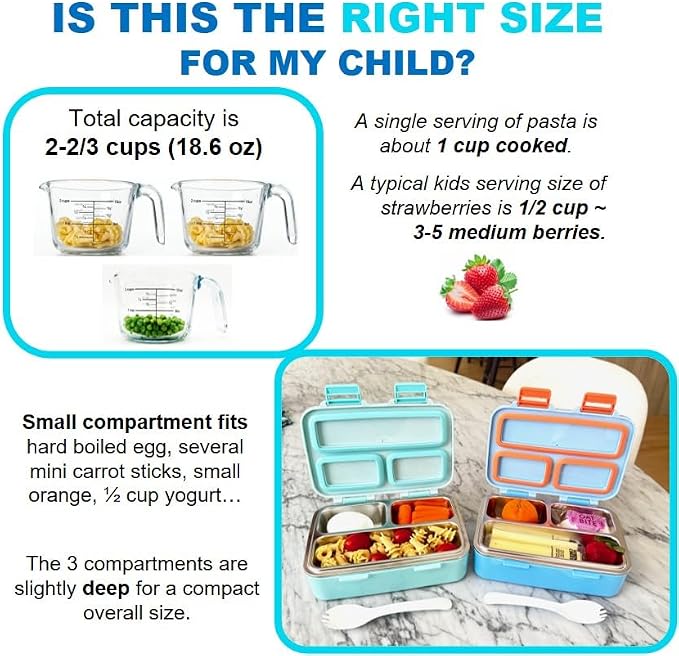 kinsho Small Stainless Steel Lunch Box for Baby Toddlers, Blue Cute Monster | Mini Bento, 3 Eco Metal Portion Sections, Silicone Seals, Leakproof Lid, Spill-Proof Boys Meal Container Daycare Pre-School