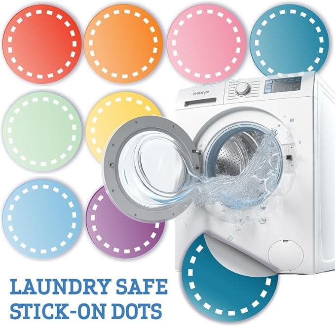 Clothing Labels, Color Coded Dots, Stick-On Dots, 200pcs, 8 Colors, 25 of Each Color for Clothes & Laundry Organization, Round Stickers, for Kids, Washer & Dryer Safe
