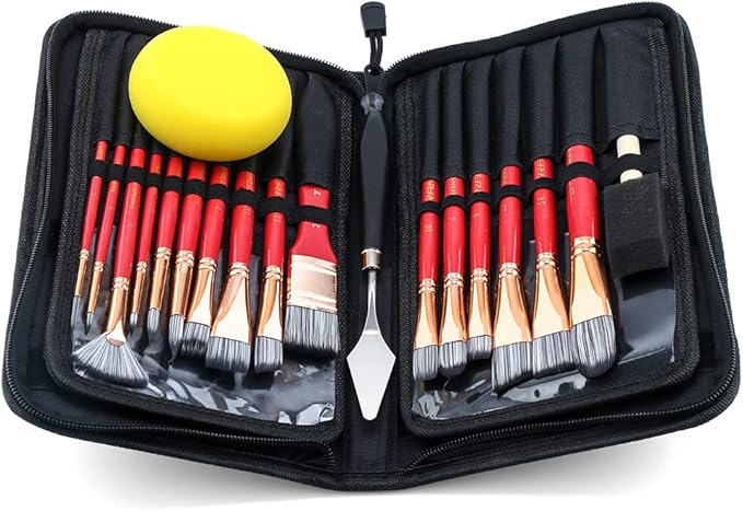 Transon 20Pcs Art Paint Brush Kit with Storage Case, 16 Brushes + Foam Brush Spatula Sponge for Acrylic Oil Watercolor Gouache, Adults Teens Beginners Art Supplies