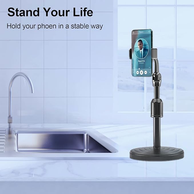 Adjustable Height (9.8-13inches) Phone Stand for Desk Office, Thick Case Compatible, 270 Flexible, Black