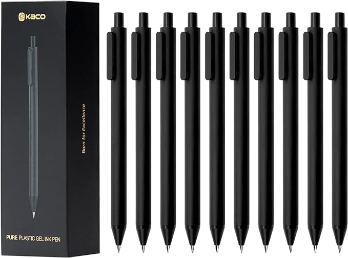 Kaco PURE Gel Pens Black Ink 0.7mm Medium Point 10 Pieces Set Quick Drying | Aesthetic School Office Supplies Retractable Pens Low Center of Gravity