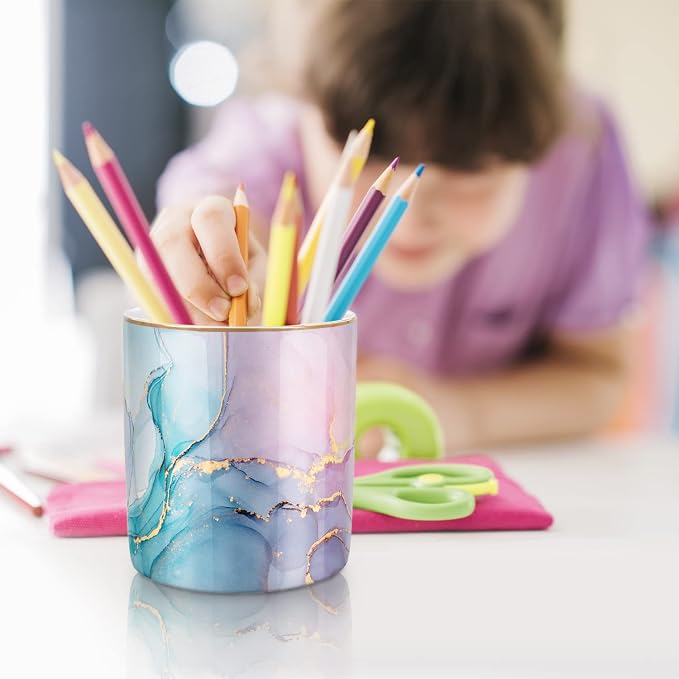 Large Capacity Colored Pen Holder for Desk, Ceramic Pencil Holder Makeup Brush Holders, Desk Accessories & Workspace Organizers for Home, Office, Colorful Green