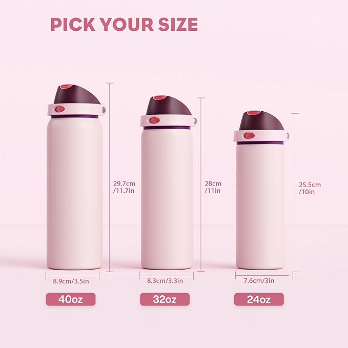 POWCAN 24 oz Stainless Steel Water Bottle: 2-in-1 Push-Button Spout & Quick-Flip Straw, Leakproof, Cold 24 Hrs, Fits Car Cup Holder, Insulated Bottle for Gym, School, Travel, Outdoor Gift (Plum Field)