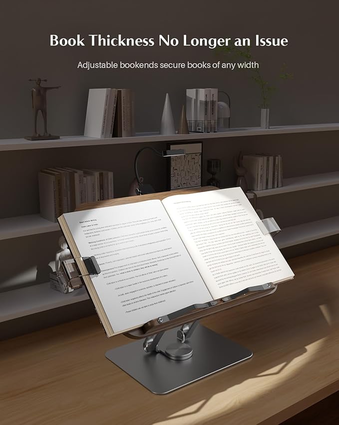 Book Stand for Reading,Adjustable Book Stand with Light,360° Rotating Metal Base,Foldable Cookbook Stand,Reading Hands Free with Page Clips for Recipe,Textbook,Laptop(3CCT & CRI 90)