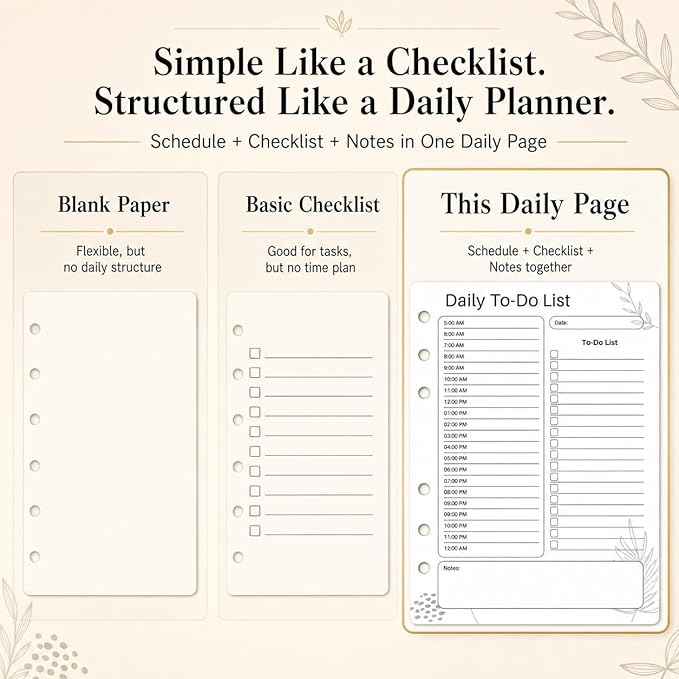 A5 Daily To Do List Planner Inserts, 6-Ring Undated Planner Refill Pages with Hourly Schedule, Checklist & Notes, 100 Double-Sided Sheets, 100gsm White Paper, 5.8 x 8.3 in