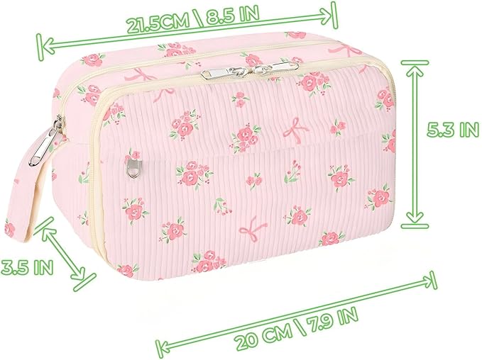 Large Pencil Pouch for Girls,Cute Corduroy Pencil Case Pouch Aesthetic Soft Pencil Bag for School, Zippered Pencil Organizer School Supplies for Teen Girls Women Gift (Pink Bow Floral)