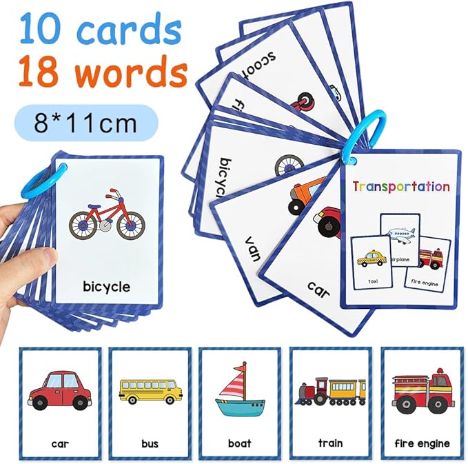 Lachilly Transportations English Learning Flashcards - High Frequency Words, Beginning Reading, Kindergarten Teaching Materials, Autism Learning, Vocabulary Building - 10 Cards, 18 Words