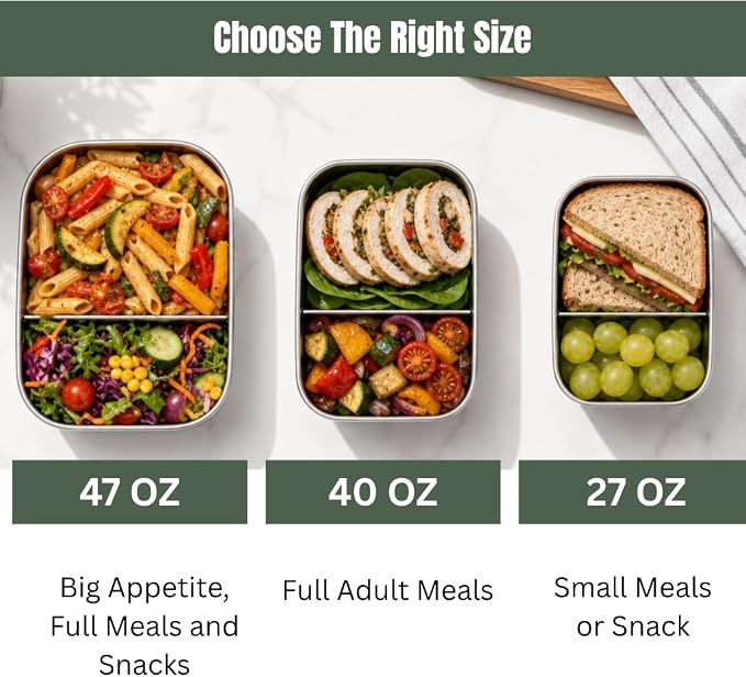 Modaniam Flexibento Leak Proof 40 OZ Stainless Steel Lunch Box, Silicone Lids, Sage Set of 3