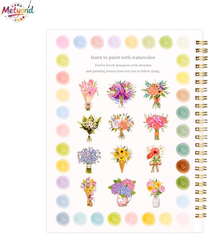 Metyond Watercolor Workbook - Watercolor Coloring Book with 1 Workbook 12 Colors Paint Set with Brush, Beginner Friendly Watercolor Workbooks Set Gift for Adults Teens (Bouquet)