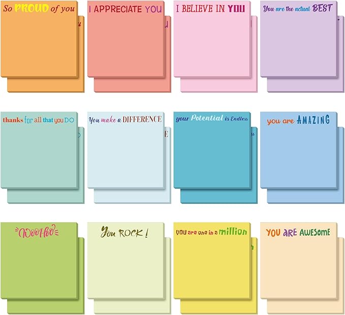 Yinder 12 Pcs Inspirational Sticky Notes Cute Motivational Sticky Notes Pad End of Year Employee Appreciation Gifts Bulk for Teacher Nurse Coworkers Office Supplies 3 x 3'' (Appreciation,Simple Color)