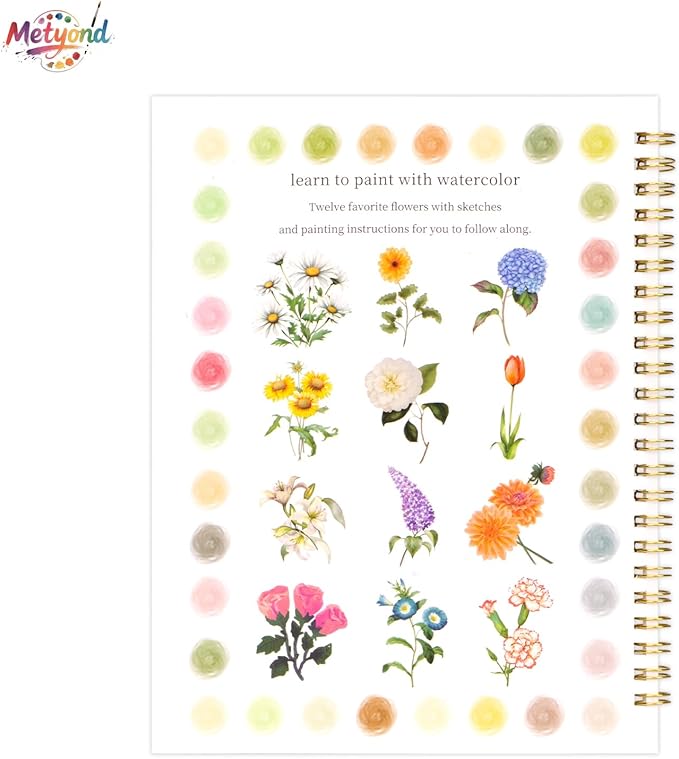 Metyond Beginner Watercolor Workbook Kit - Watercolor Painting Kit with 1 Workbook 12 Colors Paint Set with Brush, Beginner Friendly Watercolor Paint Set Gift for Adults Teens (Flowers)