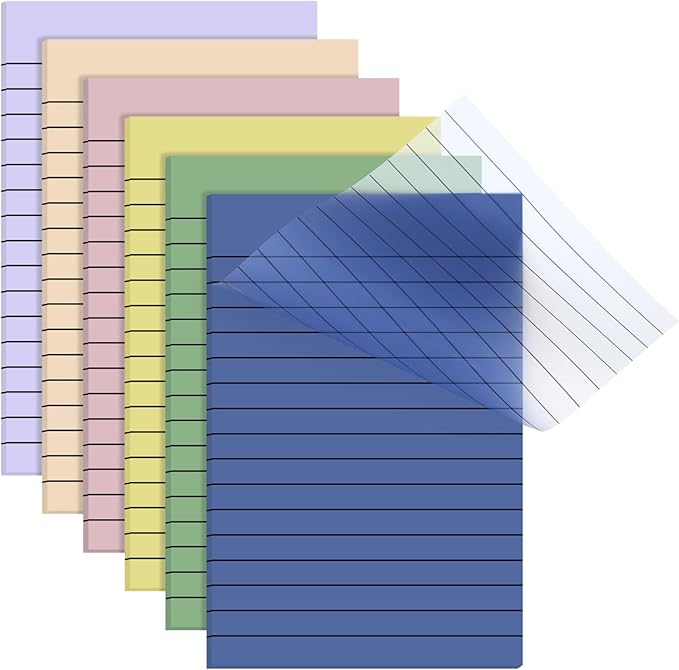 Yinder 6 Pack Pastel Transparent Sticky Notes Translucent Clear Lined Self Stick Note, Back to School Gifts for Bible Tabs, Book Tabs, School Supplies Office, 30 Sheets/Pack, 4 x 6'' (Light Color)