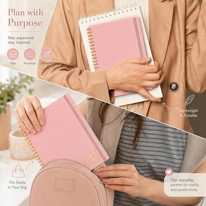 Daily Planner with Hourly Schedules - Undated To Do List Notebook, Spiral Bound, 5.5" x 8.5", Manage Your Tasks and Appointments, The Perfect Office Supplies for Women - Pink