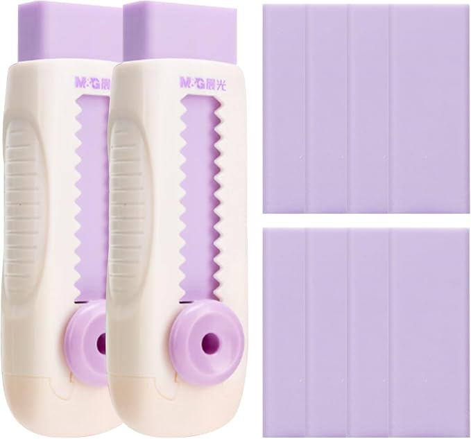 M&G 8+2 Pack Rubber Erasers Sliding Retractable Eraser, Soft Cute Erasers Push Pull Large Pencil Eraser with Plastic Sleeve 8 Refill Eraser for Students Kids, School Office Home Supplies (Purple)
