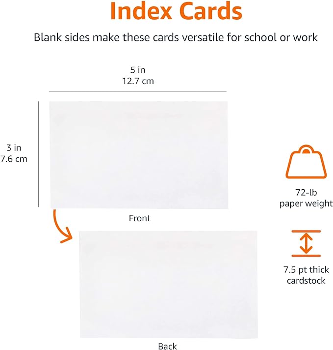 Amazon Basics Blank Index Cards for Studying and Note Taking, White, 3" x 5", 1000 Count (10 Pack of 100), 7.5 pt. Paper Weight