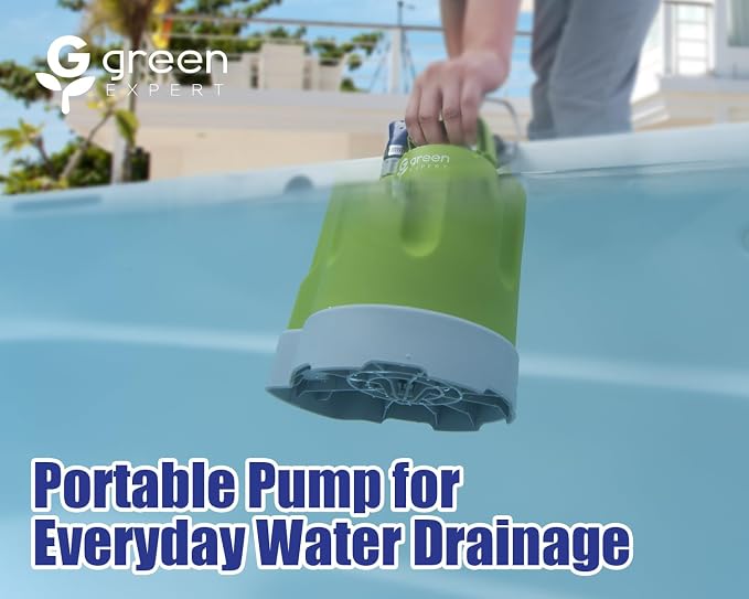 Green Expert 1/4HP Submersible Sump Pump, High Flow 1800GPH, 28FT Max Head, Portable Utility Water Pump for Basement Flooding, Emergency Water Removal, Pool, Hot Tub, Garden Drainage