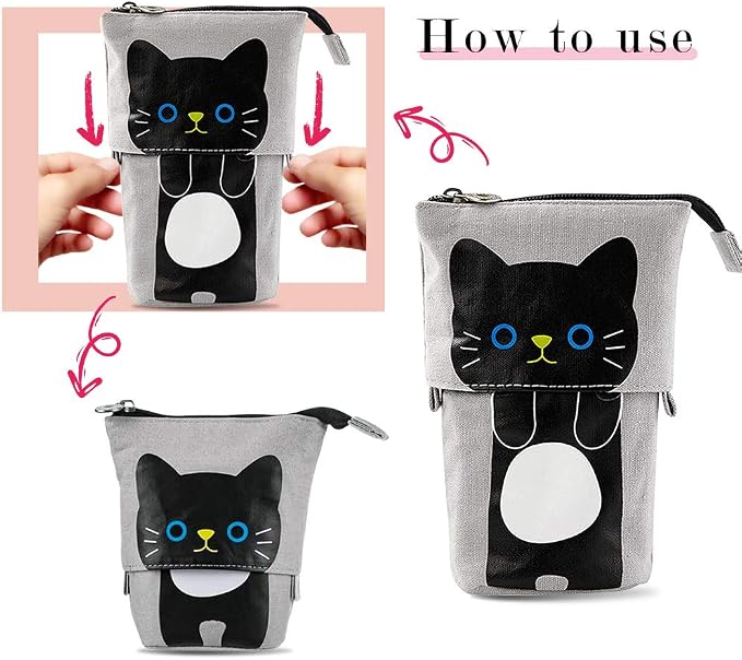 iSuperb Standing Pencil Pouch Pencil Case Cute Cat Telescopic with Zipper Canvas Kwaii Cartoon Pencil Bag Stationery Box for Kids Girls Boys School Supplies 7.5 x 4.9 x 3.0inch/4.1x 3.0inch