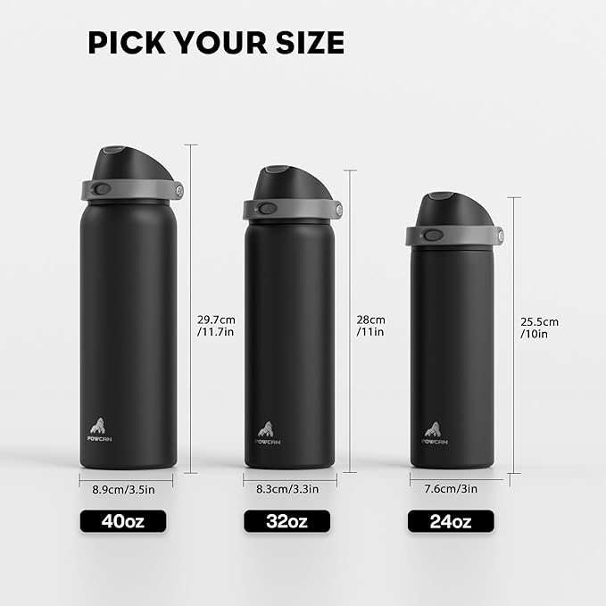 POWCAN 24 oz Insulated Water Bottle for Sports: Push-Button Spout & Quick-Flip Straw, Leakproof, Keep Cold 24Hrs, Fits Car Cupholder, Stainless Steel Bottle for Travel, Gym, School (Midnight Black)