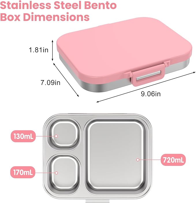 Pawtong Stainless Steel Bento Lunch Box for Kids | 3-Compartment Lunch Box Container Kids | 100% Leakproof, Eco-Friendly, Perfect Portion Control for Kids&Adult Healthy Meals (Pink)