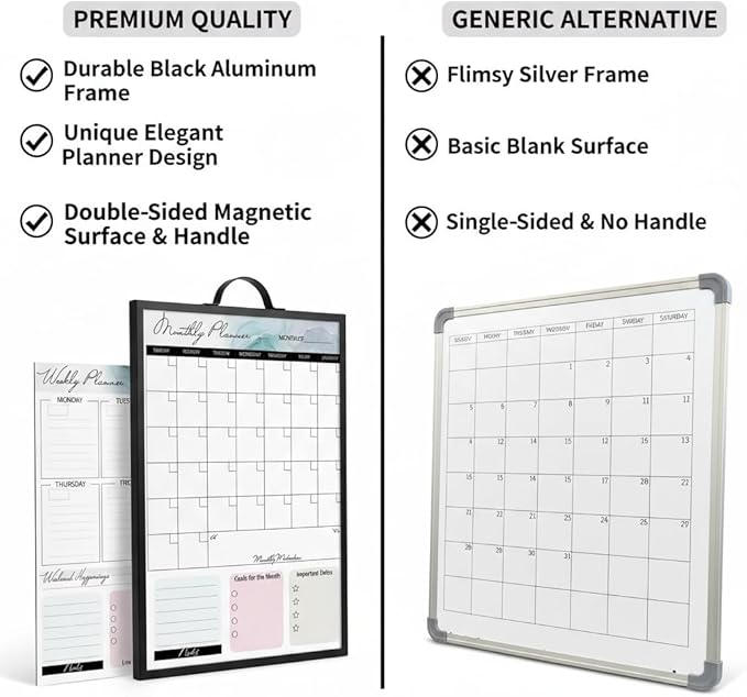 Magnetic Dry Erase Board 12x16 with Handle, Double Sided Portable Black Whiteboard for Home, Office, School & Kitchen, Includes Weekly & Monthly Magnetic Planner Sheets