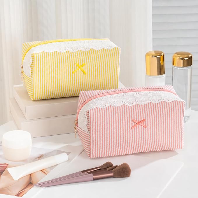 Makeup Bag Travel Toiletry Bag for Women, Small Cosmetic Bags with Lace Trim Cute Blush Stripe Aesthetic Organizer Makeup Pouch for Purse Emergency Bag Pencil Case Accessory Bag