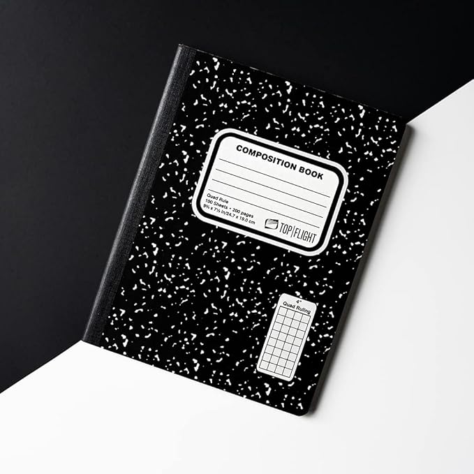 Top Flight Sewn Marble Composition Book, Black/White, Quad Rule, 4 Squares per Inch, 9.75 x 7.5 Inches, 100 Sheets (41320) (Pack of 4)