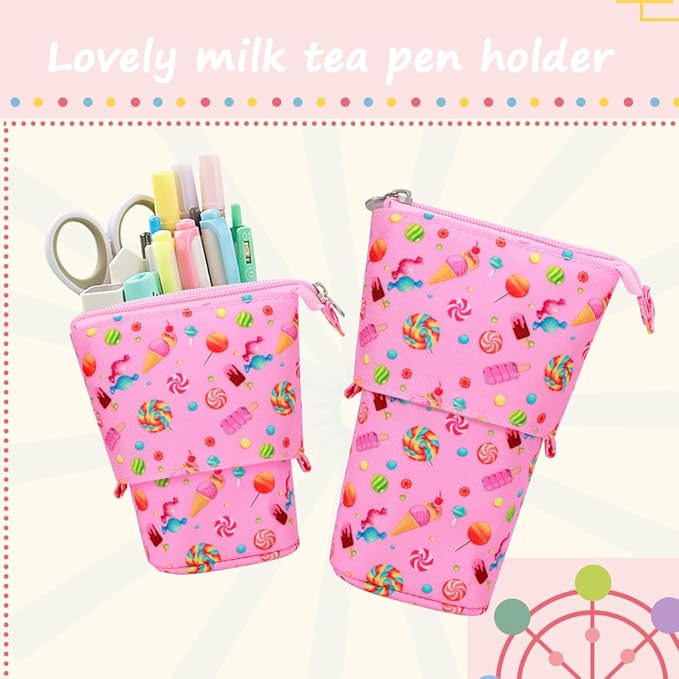 KPX Cute Standing Pencil Case Pen Holder for Kids, Pop Up Stand UP Bubble Tea Pen Organizer Kawaii Stationary for Christmas Holiday New Year Office (Candy)