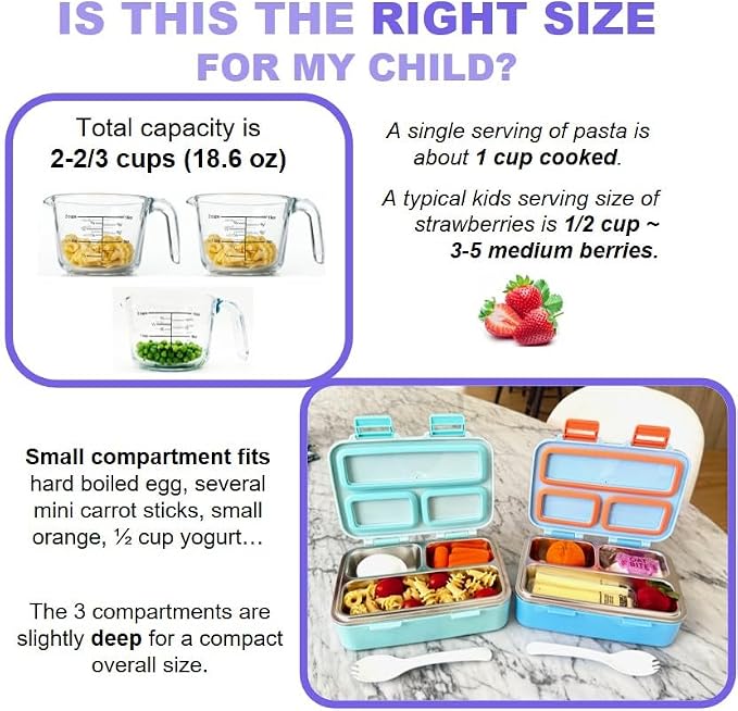 kinsho Small Stainless Steel Bento Box Lunch Container Baby Toddlers Purple | Mini Lunchbox, 3 Eco Metal Portion Sections, Leakproof Lid, Spill-Proof, 18 oz Girls Kids Snack Container Pre School Daycare