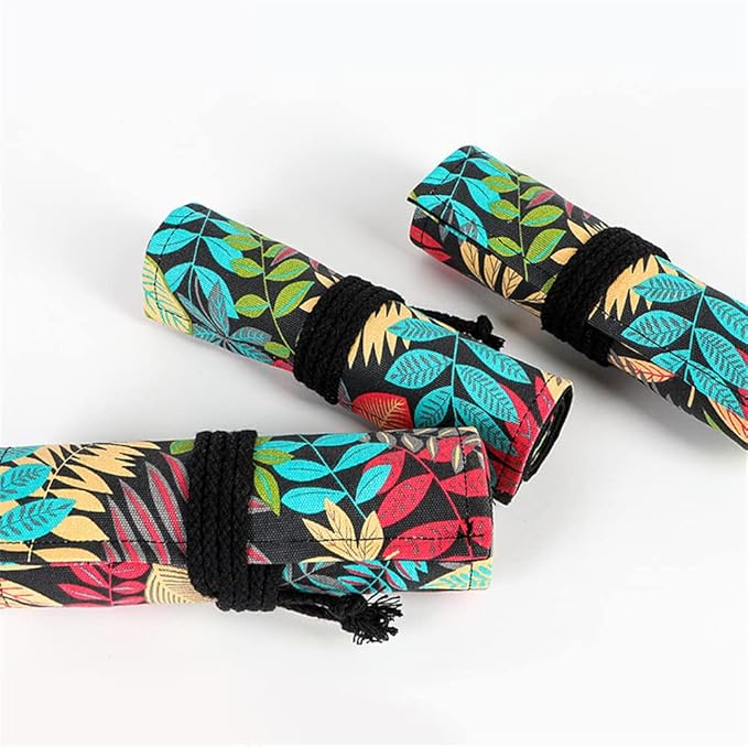 DIYOMR 24/36/72 Slots Pencil Wrap Pencil Rolls, Artist Colored Pencils Roll Up Bag Short Brushes Pouch Case Pencils Organizer for Drawing Coloring and Sketching (Colorful Leaves, 36slots)