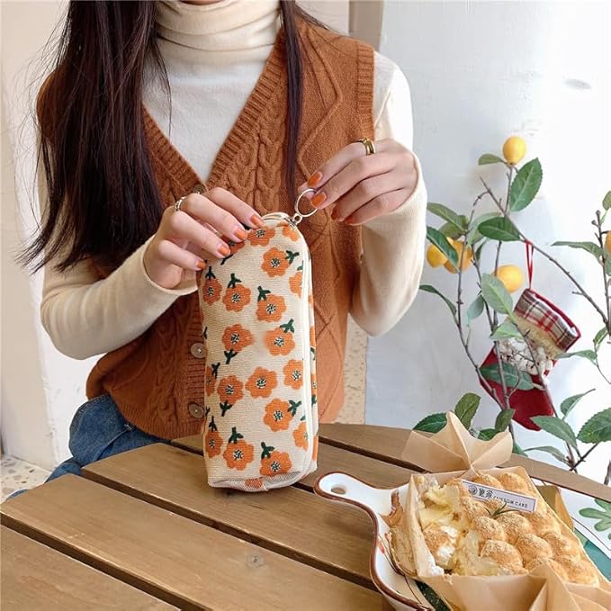 Cute Pencil Case Aesthetic Student Pencil Pouch Coin Pen Pouch Cosmetic Bag Office Stationery Organizer For Kids Teen School (Flowers-E)