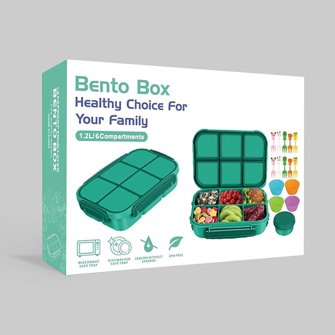 Amathley Lunch Box Kids Girls Boys,Bento Box Adult,Toddler Lunch Containers for School,Leakproof Snack Containers with 6 Compartments,Sauce Container,10 Food Picks and 4 Muffin Cups (Green)