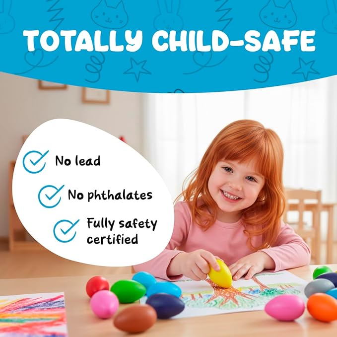 TinyGeeks 12 Color Egg Crayons - Palm Grasp Non-Toxic and Washable for Toddlers (3-6) & Kids (4-8) - Easy-to-Hold, Perfect for Travel, Art, and Early Childhood Activities
