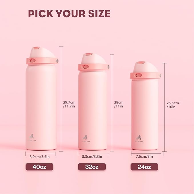 POWCAN 32 oz Insulated Water Bottle for Travel: 2-in-1 Lid with Push-Button Spout & Quick-Flip Straw, Leakproof, Keep Cold 24Hrs, Vacuum Stainless Steel for Travel, Trip, Hiking, Sport (Cotton Candy)