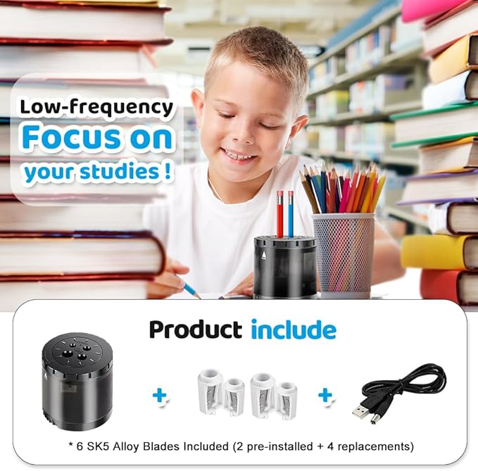 Heavy-Duty Electric Pencil Sharpener USB and Battery Power 4 Replacement Blades 4-Hole Adjustable for 6-12mm Art Pencils Large Capacity Automatic Pencil Sharpeners Black
