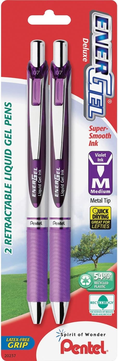 Pentel EnerGel Deluxe RTX Retractable Liquid Gel Pen, 0.7mm, Metal Tip, Violet Ink, 2 Pack (BL77BP2V)