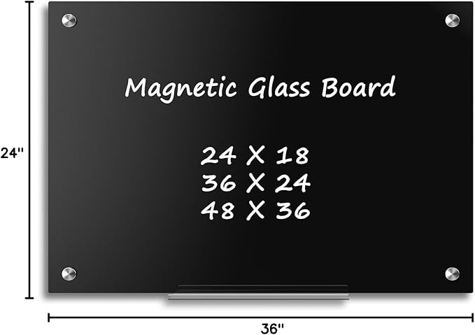 Black Dry Erase Board, 36" x 24" (3' x 2') Magnetic Large Black Glass Board Frameless Wall Mounted Glass Whiteboard for Office, School & Home with 1 Acrylic Pen Tray & 6 Strong Magnets