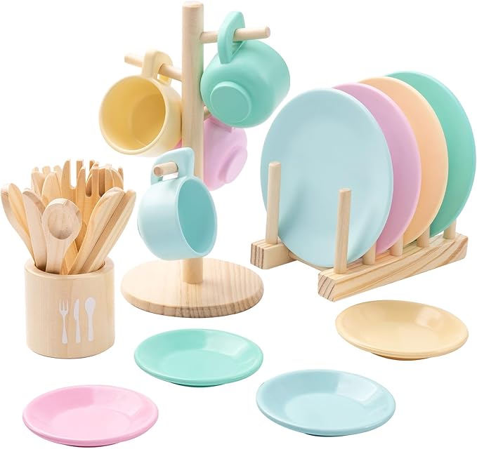 GAGAKU Kids Wooden Play Dishes Set -27Pcs Montessori Play Kitchen Accessories Plates and Bowls Set, Storage Stand & Play Food, Pretend Cooking Toys for Ages 3-5, Educational Gift for Toddler