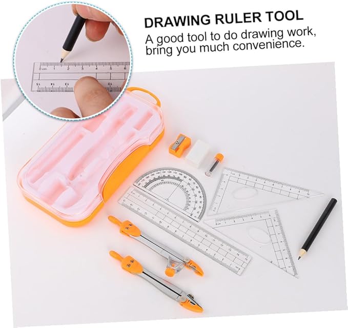 Uonlytech 1sets Student Geometry Math Set Metal Compass and Ruler Kit Eraser Sharpener and Storage Case for Drafting and Drawing for School and Office Use Random Color