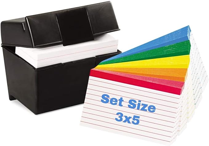 1InTheOffice Index Card Holder 3x5, & 100 pcs Index Cards Ruled Color Coded Assorted Color, Index Cards Storage Box 3x5 (Combo)
