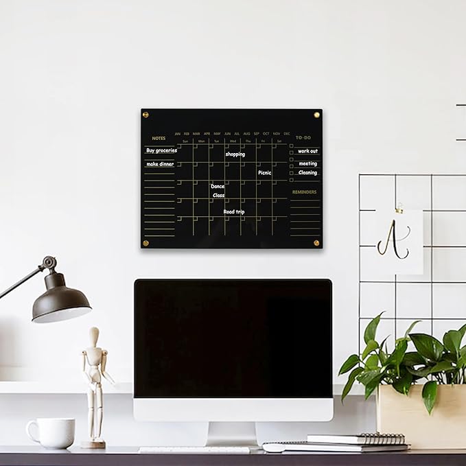 Black Acrylic Calendar Dry Erase for Wall, Family Planner, Monthly Calendar Dry Erase Whiteboard for Home, Office, 17" x 13"Reusable White Board(Acrylic-BK-3343)
