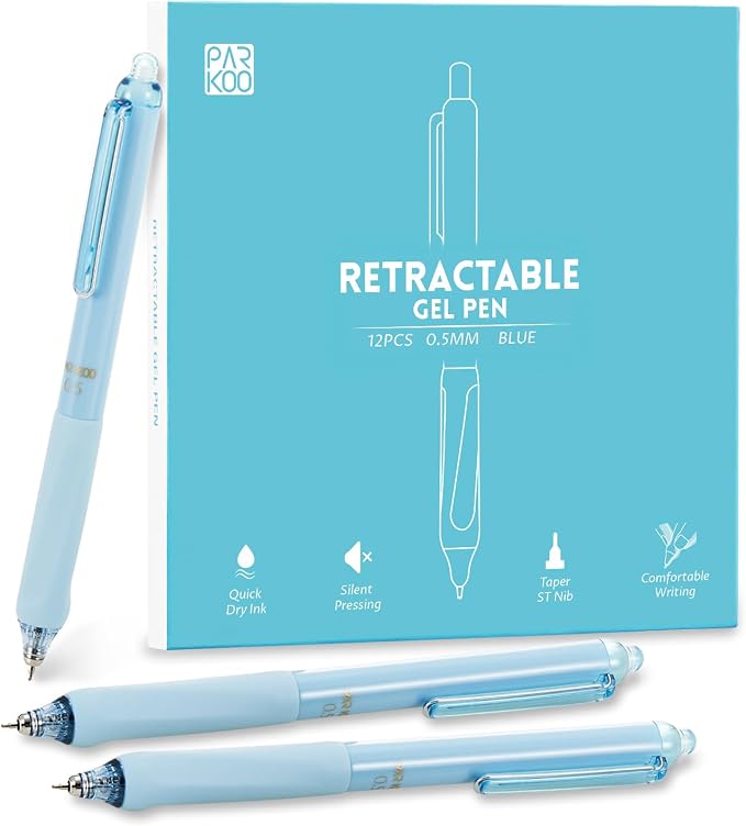 ParKoo Gel Pens, 12 Pcs 0.5mm Retractable Quick Dry Blue Ink Pens | Click Silent, Comfort Grip, Fine Point Smooth Writing Pens for Teachers, Nurses, Cute Stationery Office School Supplies