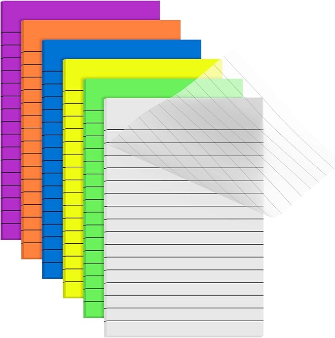 Yinder 6 Pack Pastel Transparent Sticky Notes Translucent Clear Lined Self Stick Note, Back to School Gifts for Bible Tabs, Book Tabs, School Supplies Office, 30 Sheets/Pack, 4 x 6'' (Bright Color)