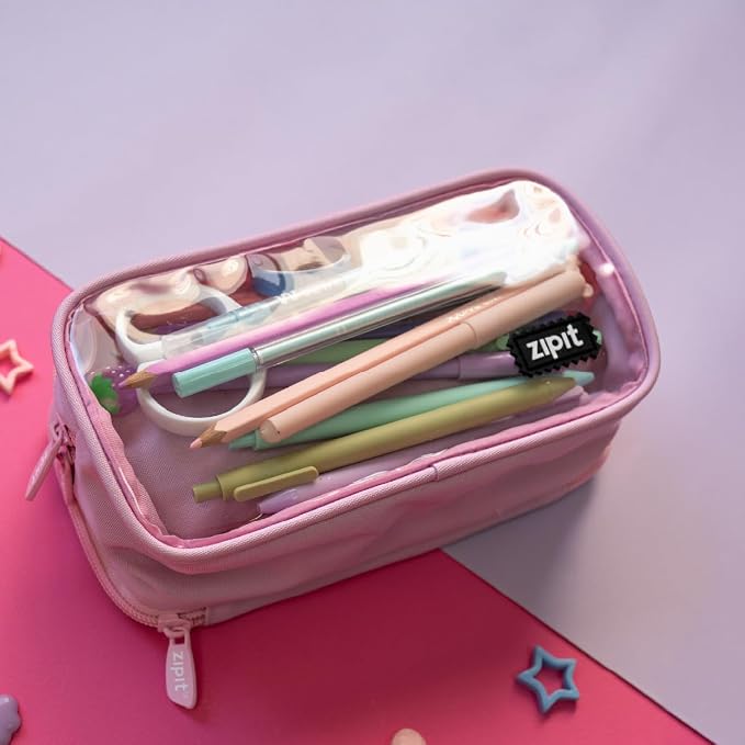 ZIPIT Half & Half Pencil Case for Girls, 3-Compartment Zipper Pouch, Pink | Clear-front pencil case for school, dedicated organizer panels, holds up to 70 pens & pencils, durable easy-care polyester